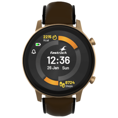 Fastrack Reflex Play Plus Classic Smartwatch with Bluetooth Calling (33.02mm AMOLED Display, IP68 Water Resistant, Brown Strap)