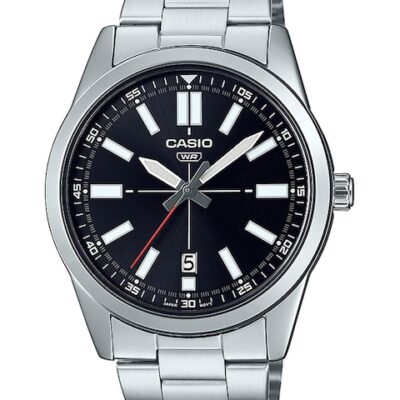 CASIO Men Black Dial & Silver Toned Stainless Steel Cuff Straps Analogue Watch