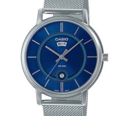 CASIO Men Blue Dial & Silver Toned Stainless Steel Bracelet Style Straps Analogue Watch A2049-Blue
