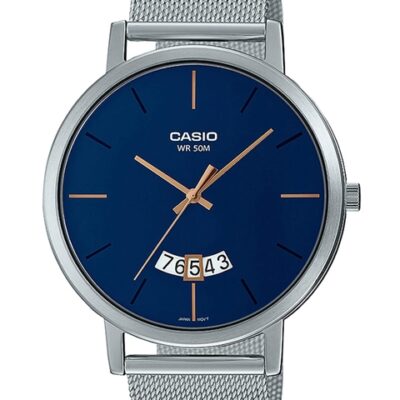CASIO Men Blue Dial & Silver Toned Stainless Steel Bracelet Style Straps Analogue Watch