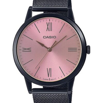 CASIO Men Pink Dial & Black Stainless Steel Wrap Around Straps Analogue Watch A2005