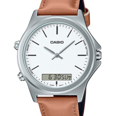 CASIO Men White Dial & Brown Leather Straps Analogue Watch