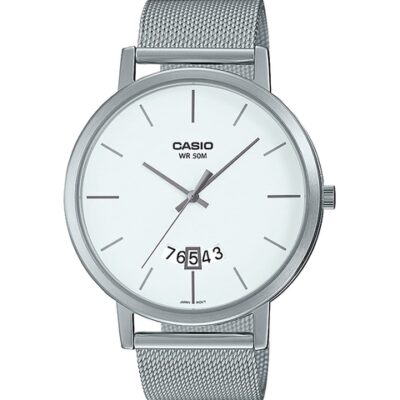 CASIO Men White Dial & White Stainless Steel Bracelet Style Straps Analogue Watch