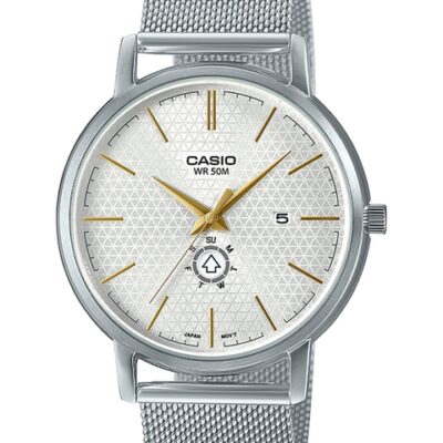 CASIO Men White Patterned Dial & Silver Toned Stainless Steel Bracelet Style Straps Analogue Watch