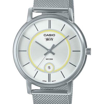 CASIO Men White Printed Dial & Silver Toned Stainless Steel Analogue Watch A2050