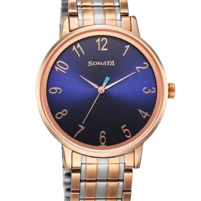 Sonata Men Brass Dial & Stainless Steel Style Straps Analogue Watch 7131KM03
