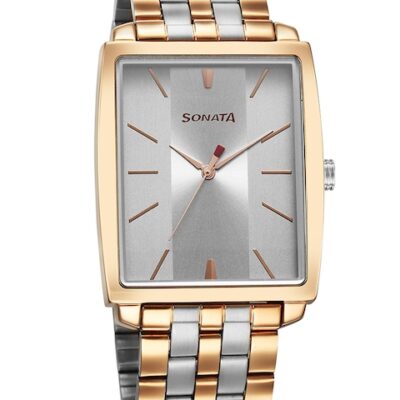 Sonata Men Brass Dial & Stainless Steel Style Straps Analogue Watch 7143KM02