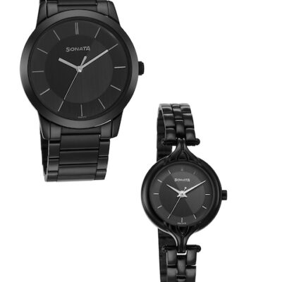 Sonata Pair 2022 Set Of 2 Black Brass Dial His & Her Analogue Watch 7712587040NM01