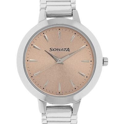 Sonata Unisex Beige & Silver-Toned Analogue Watch NL87011PP02A