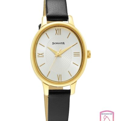 Sonata Women Gold-Toned Brass Dial & Black Leather Straps Analogue Watch