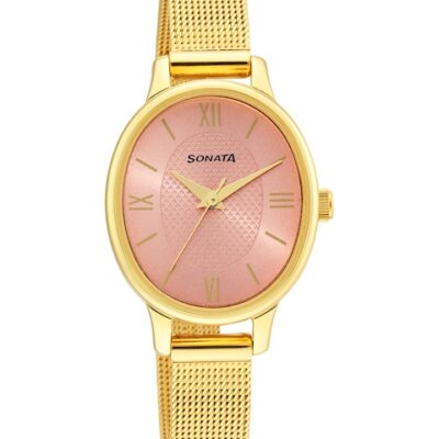 Sonata Women Pink Brass Mother of Pearl Dial & Gold Toned Stainless Steel Bracelet Style Straps Analogue Watch
