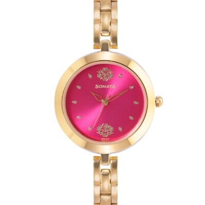 Sonata Women Pink Brass Patterned Dial & Gold Toned Bracelet Style Analogue Watch 8147YM08