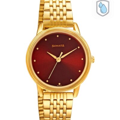 Sonata Women Red Brass Embellished Dial & Gold Toned Stainless Steel Bracelet Style Straps Analogue Watch