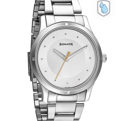 Sonata Women Silver-Toned Brass Embellished Dial & Silver Toned Stainless Steel Bracelet Style Straps Watch 8183SM02