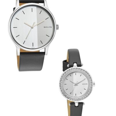 SonataBrass Set Of 2 Dial & Leather Straps Analogue Watch 7710587041SL01