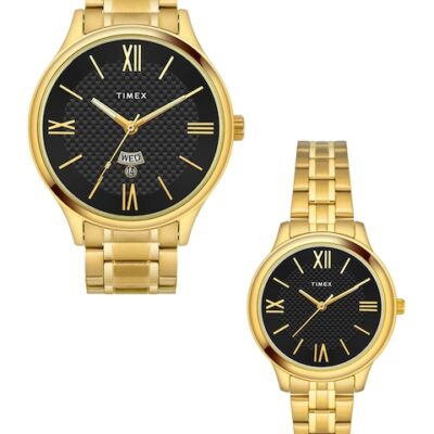 Timex Black Brass Dial & Gold Toned Stainless Steel Bracelet Straps Analogue Couple Watch