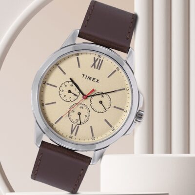 Timex Men Beige Brass Dial & Brown Leather Straps Analogue Watch TWEG165SMU01