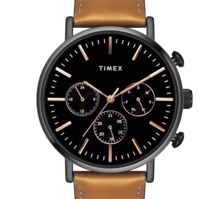 Timex Men Black Brass Dial & Brown Leather Straps Analogue Watch TWEG20006
