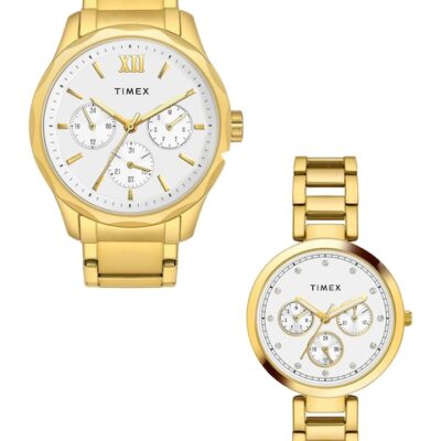 Timex Unisex Silver-Toned Brass Dial & Gold Toned Stainless Steel Bracelet Style Straps Analogue Watch