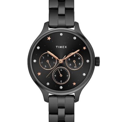 Timex Women Black Brass Embellished Dial & Black Stainless Steel Bracelet Style Straps Analogue Watch