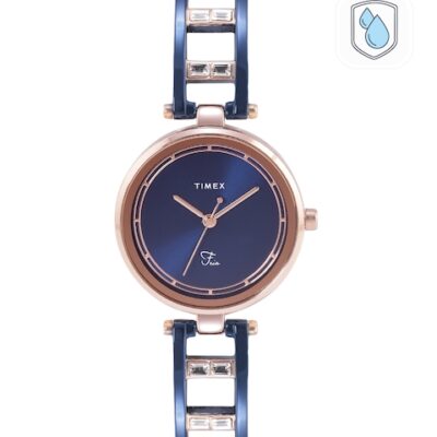 Timex Women Blue Brass Dial & Rose Gold-Plated Bracelet Straps Analogue Watch TWEL15303