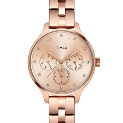 Timex Women Brass Embellished Dial & Stainless Steel Bracelet Style Straps Watch TWEL14814