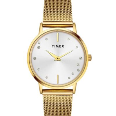 Timex Women Brass Embellished Dial & Stainless Steel Bracelet Style Straps Analogue Watch