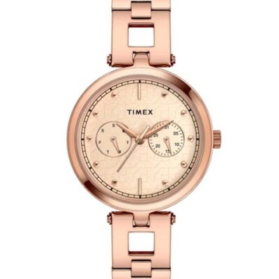 Timex Women Rose Gold-Toned Brass Embellished Dial & Rose Gold Toned Stainless Steel Bracelet Style Straps Watch