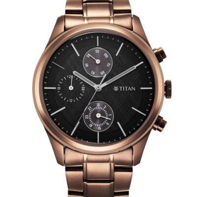Titan Men Black Dial & Brown Stainless Steel Straps Analogue Multi Function Watch 1805QM04