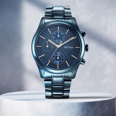 Titan Men Blue Patterned Dial & Blue Stainless Steel Bracelet Style Straps Analogue Watch