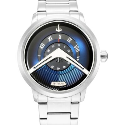 Titan Men Blue Printed Dial & Silver Toned Stainless Steel Bracelet Style Straps Analogue Watch 1828SM01