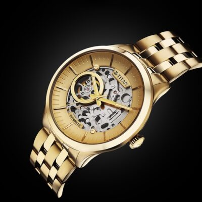 Titan Men Gold-Toned Skeleton Dial & Gold Toned Stainless Steel Bracelet Style Straps Analogue Watch 90140YM01