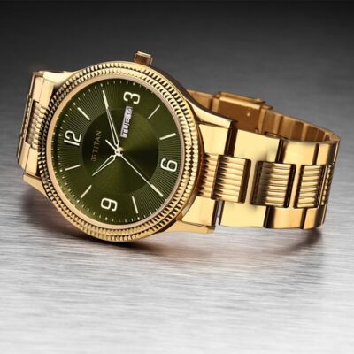 Titan Men Green Embellished Dial & Gold Toned Stainless Steel Straps Analogue Watch 1650YM08