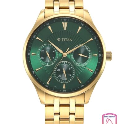 Titan Men Green Printed Dial & Stainless Steel Bracelet Style Straps Analogue Watch 90127YM05