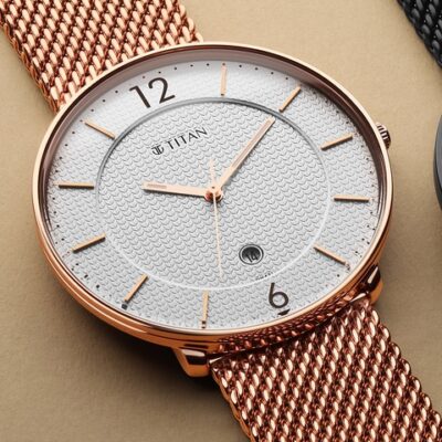Titan Men Rose Gold-Toned Brass Dial & Stainless Steel Bracelet Style Straps Analogue Watch 1849WM01