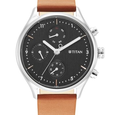 Titan Men Silver-Toned Brass Printed Dial & Leather Straps Analogue Watch 1803SL02