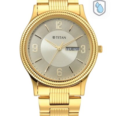 Titan Men Yellow Dial & Gold Toned Stainless Steel Bracelet Style Straps Analogue Watch 1650YM09