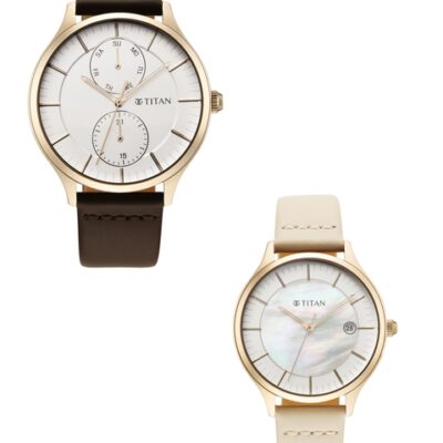 Titan Set Of 2 Beige Dial & Brown Leather Straps Analogue His & Her Watch 9400494204WL01