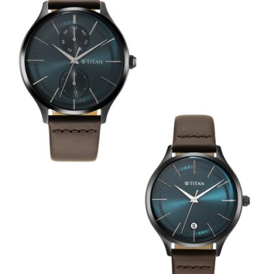 Titan Unisex Set of 2 Green Dial & Brown Leather Straps Analogue His and Her Watches