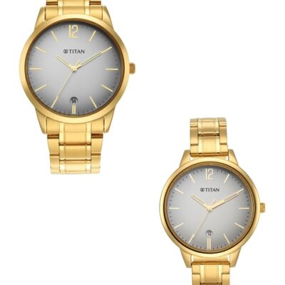 Titan Unisex Set of 2 Grey Stainless Steel His & Her Analogue Watch