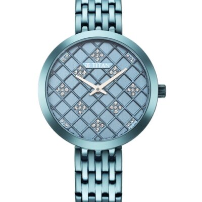 Titan Women Blue Embellished Dial & Stainless Steel Bracelet Style Straps Analogue Watch