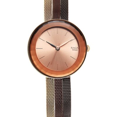 Titan Women Rose Gold-Toned Brass Dial & Brown Stainless Steel Bracelet Style Straps Analogue Watch 95153KM01