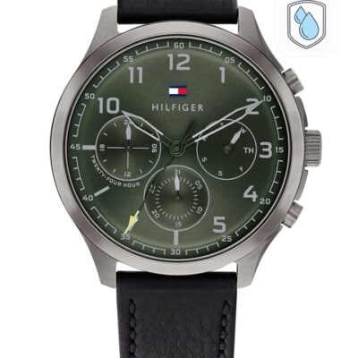 Tommy Hilfiger Men Green Dial & Black Leather Straps Analogue Watch TH1791856